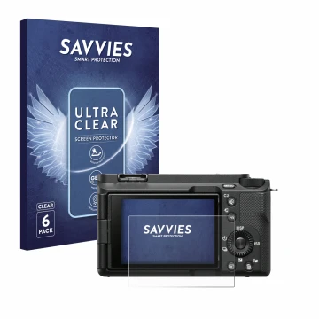Vorderseite einer Produktverpackung mit dem Markenlogo Savvies. Daneben ist das Gerät Sony Alpha ZV-E1 mit dem zugehörigen Dis