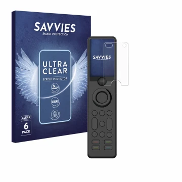 Vorderseite einer Produktverpackung mit dem Markenlogo Savvies. Daneben ist das Gerät Sofabaton X1 mit dem zugehörigen Display