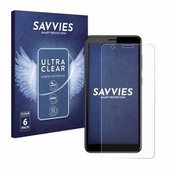 Vorderseite einer Produktverpackung mit dem Markenlogo Savvies. Daneben ist das Gerät ZTE Blade A31 mit dem zugehörigen Displa