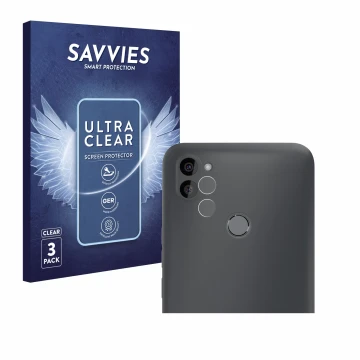 Vorderseite einer Produktverpackung mit dem Markenlogo Savvies. Daneben ist das Gerät Gigaset GS5 Lite (Display+Kamera) mit de