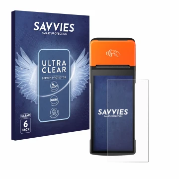 Vorderseite einer Produktverpackung mit dem Markenlogo Savvies. Daneben ist das Gerät Sunmi V2 Pro mit dem zugehörigen Display