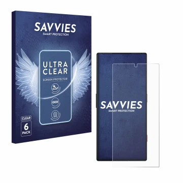 Vorderseite einer Produktverpackung mit dem Markenlogo Savvies. Daneben ist das Gerät ZTE Nubia Red Magic 8S Pro mit dem zugeh