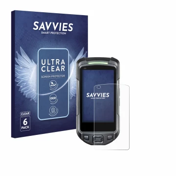 Vorderseite einer Produktverpackung mit dem Markenlogo Savvies. Daneben ist das Gerät Keyence BT-A700 mit dem zugehörigen Disp