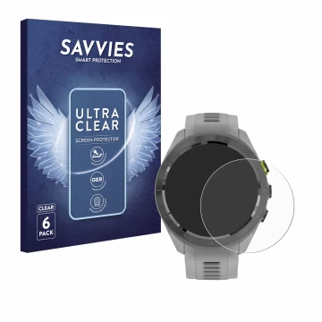 Vorderseite einer Produktverpackung mit dem Markenlogo Savvies. Daneben ist das Gerät Garmin Approach S70 (42 mm) mit dem zuge