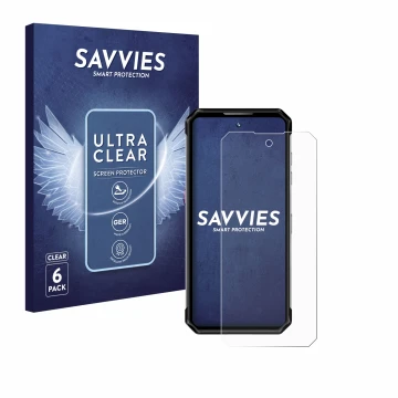 Vorderseite einer Produktverpackung mit dem Markenlogo Savvies. Daneben ist das Gerät Oukitel WP21 Ultra mit dem zugehörigen D