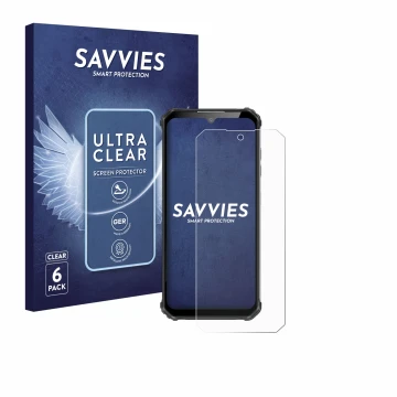 Vorderseite einer Produktverpackung mit dem Markenlogo Savvies. Daneben ist das Gerät Oukitel WP22 mit dem zugehörigen Display