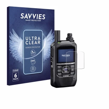 Vorderseite einer Produktverpackung mit dem Markenlogo Savvies. Daneben ist das Gerät Icom ID-50E mit dem zugehörigen Displays