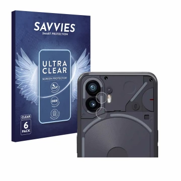 Vorderseite einer Produktverpackung mit dem Markenlogo Savvies. Daneben ist das Gerät Nothing Phone (2) (NUR Kameraschutz) mit