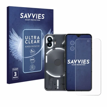 Vorderseite einer Produktverpackung mit dem Markenlogo Savvies. Daneben ist das Gerät Nothing Phone (2) (Display+Kamera) mit d