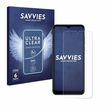 Vorderseite einer Produktverpackung mit dem Markenlogo Savvies. Daneben ist das Gerät ZTE Blade V50 Design 5G mit dem zugehöri