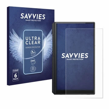 Vorderseite einer Produktverpackung mit dem Markenlogo Savvies. Daneben ist das Gerät FiiO M11s mit dem zugehörigen Displaysch