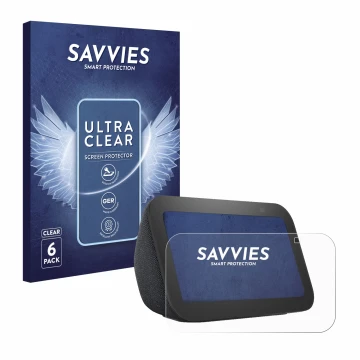Vorderseite einer Produktverpackung mit dem Markenlogo Savvies. Daneben ist das Gerät Amazon Echo Show 5 (3. Gen.) mit dem zug
