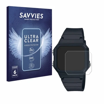 Vorderseite einer Produktverpackung mit dem Markenlogo Savvies. Daneben ist das Gerät Casio W-217H-1AVCF mit dem zugehörigen D