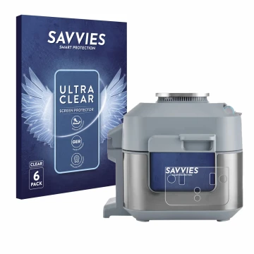 Vorderseite einer Produktverpackung mit dem Markenlogo Savvies. Daneben ist das Gerät Ninja Speedi Rapid Cooking System mit de