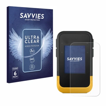 Vorderseite einer Produktverpackung mit dem Markenlogo Savvies. Daneben ist das Gerät Garmin eTrex SE mit dem zugehörigen Disp