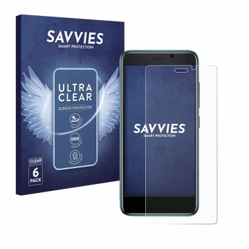 Vorderseite einer Produktverpackung mit dem Markenlogo Savvies. Daneben ist das Gerät Cubot J 20 mit dem zugehörigen Displaysc