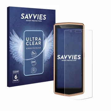 Vorderseite einer Produktverpackung mit dem Markenlogo Savvies. Daneben ist das Gerät Cubot Pocket 3 mit dem zugehörigen Displ