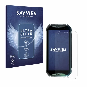 Vorderseite einer Produktverpackung mit dem Markenlogo Savvies. Daneben ist das Gerät Ulefone Armor 20WT mit dem zugehörigen D
