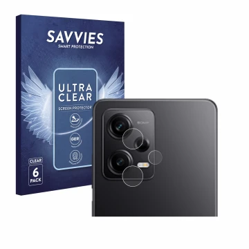 Vorderseite einer Produktverpackung mit dem Markenlogo Savvies. Daneben ist das Gerät Xiaomi Redmi Note 12 Pro 5G (NUR Kameras
