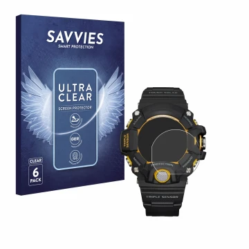 Vorderseite einer Produktverpackung mit dem Markenlogo Savvies. Daneben ist das Gerät Casio G-Shock GW-9400Y-1 mit dem zugehör