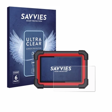 Vorderseite einer Produktverpackung mit dem Markenlogo Savvies. Daneben ist das Gerät Launch X-431 CRP 919E BT mit dem zugehör