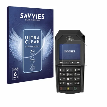 Vorderseite einer Produktverpackung mit dem Markenlogo Savvies. Daneben ist das Gerät ingenico Lane/3000 (non-touch) mit dem z