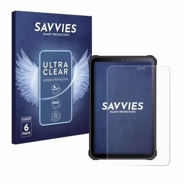Vorderseite einer Produktverpackung mit dem Markenlogo Savvies. Daneben ist das Gerät Oukitel RT3 mit dem zugehörigen Displays