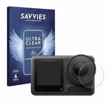 Vorderseite einer Produktverpackung mit dem Markenlogo Savvies. Daneben ist das Gerät DJI Osmo Action 4 (Linse) mit dem zugehö