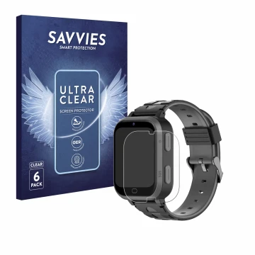 Vorderseite einer Produktverpackung mit dem Markenlogo Savvies. Daneben ist das Gerät Beafon Kids Watch SW2 mit dem zugehörige
