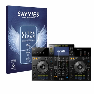 Vorderseite einer Produktverpackung mit dem Markenlogo Savvies. Daneben ist das Gerät Pioneer XDJ -RR mit dem zugehörigen Disp
