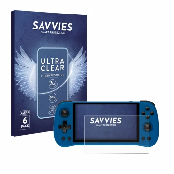 Vorderseite einer Produktverpackung mit dem Markenlogo Savvies. Daneben ist das Gerät Powkiddy X55 mit dem zugehörigen Display