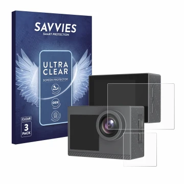 Vorderseite einer Produktverpackung mit dem Markenlogo Savvies. Daneben ist das Gerät Akaso Brave 4 Pro mit dem zugehörigen Di