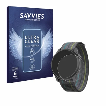 Vorderseite einer Produktverpackung mit dem Markenlogo Savvies. Daneben ist das Gerät Coros Pace 3 mit dem zugehörigen Display
