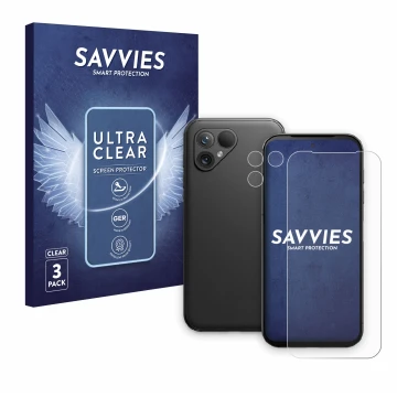 Vorderseite einer Produktverpackung mit dem Markenlogo Savvies. Daneben ist das Gerät Fairphone 5 (Display+Kamera) mit dem zug