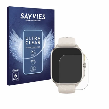Vorderseite einer Produktverpackung mit dem Markenlogo Savvies. Daneben ist das Gerät Huami Amazfit Cheetah (Square) mit dem z