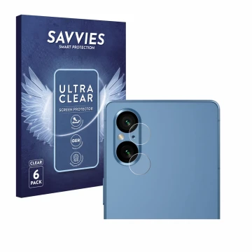 Vorderseite einer Produktverpackung mit dem Markenlogo Savvies. Daneben ist das Gerät Sony Xperia 5 V (NUR Kameraschutz) mit d