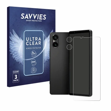 Vorderseite einer Produktverpackung mit dem Markenlogo Savvies. Daneben ist das Gerät Sony Xperia 5 V (Display+Kamera) mit dem