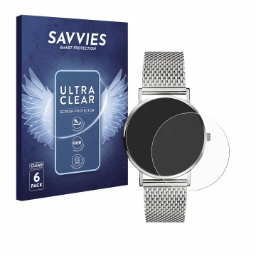 Vorderseite einer Produktverpackung mit dem Markenlogo Savvies. Daneben ist das Gerät Liebeskind New Case Mesh (34 mm) mit dem