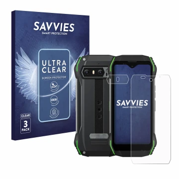 Vorderseite einer Produktverpackung mit dem Markenlogo Savvies. Daneben ist das Gerät Blackview N6000 (Display+Kamera) mit dem