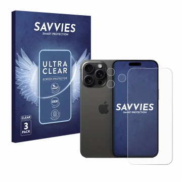 Vorderseite einer Produktverpackung mit dem Markenlogo Savvies. Daneben ist das Gerät Apple iPhone 15 Pro Max (Display+Kamera)