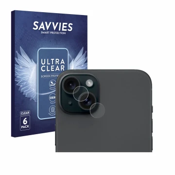 Vorderseite einer Produktverpackung mit dem Markenlogo Savvies. Daneben ist das Gerät Apple iPhone 15 Plus (NUR Kameraschutz) 