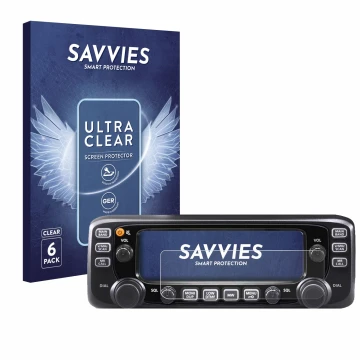 Vorderseite einer Produktverpackung mit dem Markenlogo Savvies. Daneben ist das Gerät Icom IC-2730E mit dem zugehörigen Displa