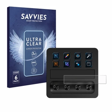 Vorderseite einer Produktverpackung mit dem Markenlogo Savvies. Daneben ist das Gerät Elgato Stream Deck + mit dem zugehörigen