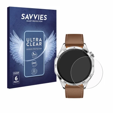 Vorderseite einer Produktverpackung mit dem Markenlogo Savvies. Daneben ist das Gerät Huawei Watch GT 4 (46mm) mit dem zugehör