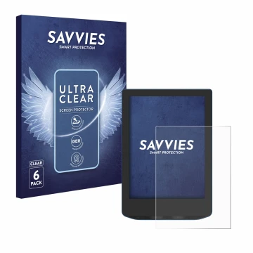 Vorderseite einer Produktverpackung mit dem Markenlogo Savvies. Daneben ist das Gerät PocketBook Verse Pro mit dem zugehörigen