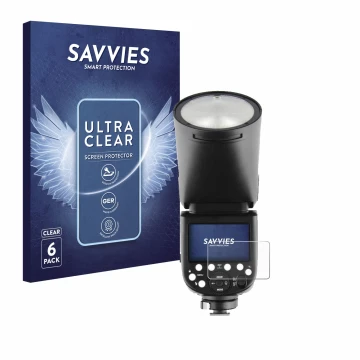 Vorderseite einer Produktverpackung mit dem Markenlogo Savvies. Daneben ist das Gerät Godox V1 mit dem zugehörigen Displayschu