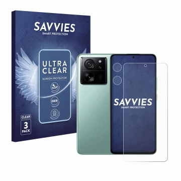 Vorderseite einer Produktverpackung mit dem Markenlogo Savvies. Daneben ist das Gerät Xiaomi 13T Pro (Display+Kamera) mit dem 