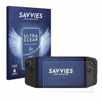 Vorderseite einer Produktverpackung mit dem Markenlogo Savvies. Daneben ist das Gerät Lenovo Legion Go mit dem zugehörigen Dis