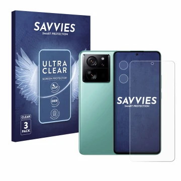 Vorderseite einer Produktverpackung mit dem Markenlogo Savvies. Daneben ist das Gerät Xiaomi 13T (Display+Kamera) mit dem zuge