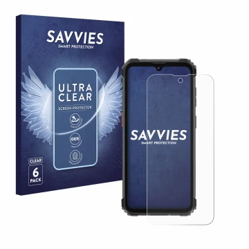 Vorderseite einer Produktverpackung mit dem Markenlogo Savvies. Daneben ist das Gerät Blackview BV5300 Pro (2023) mit dem zuge